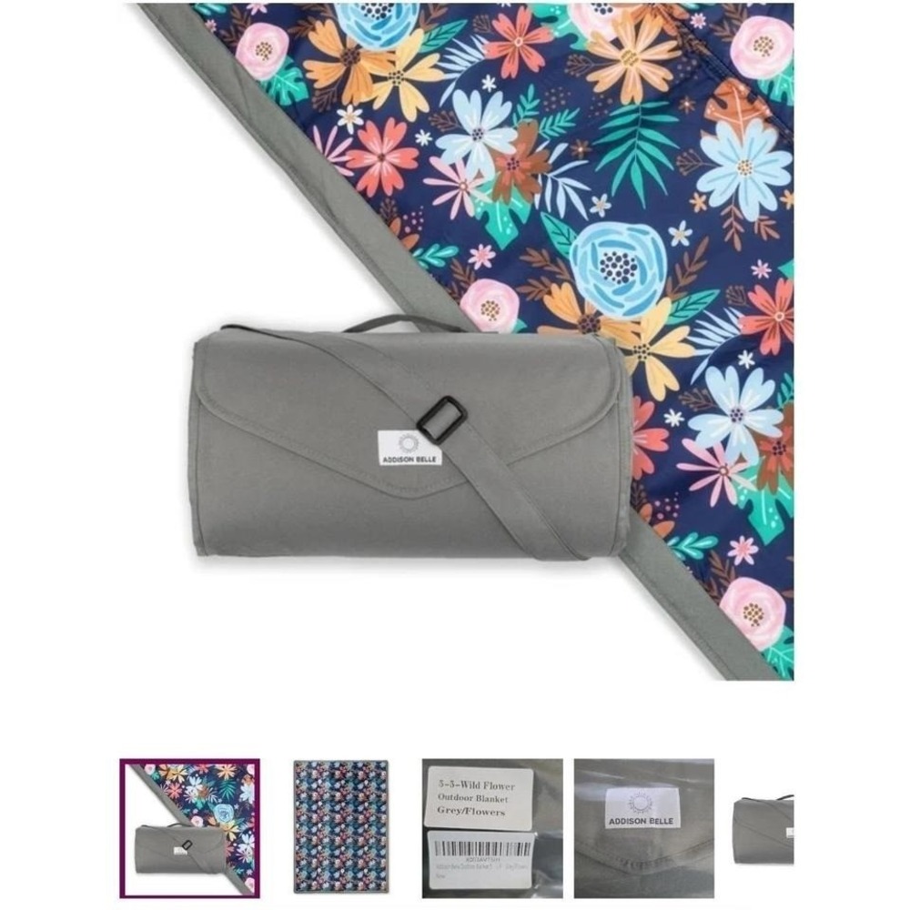 Addison Belle Outdoor‎ Blanket 5x5 Wild Flower Floral Grey Picnic Mat New